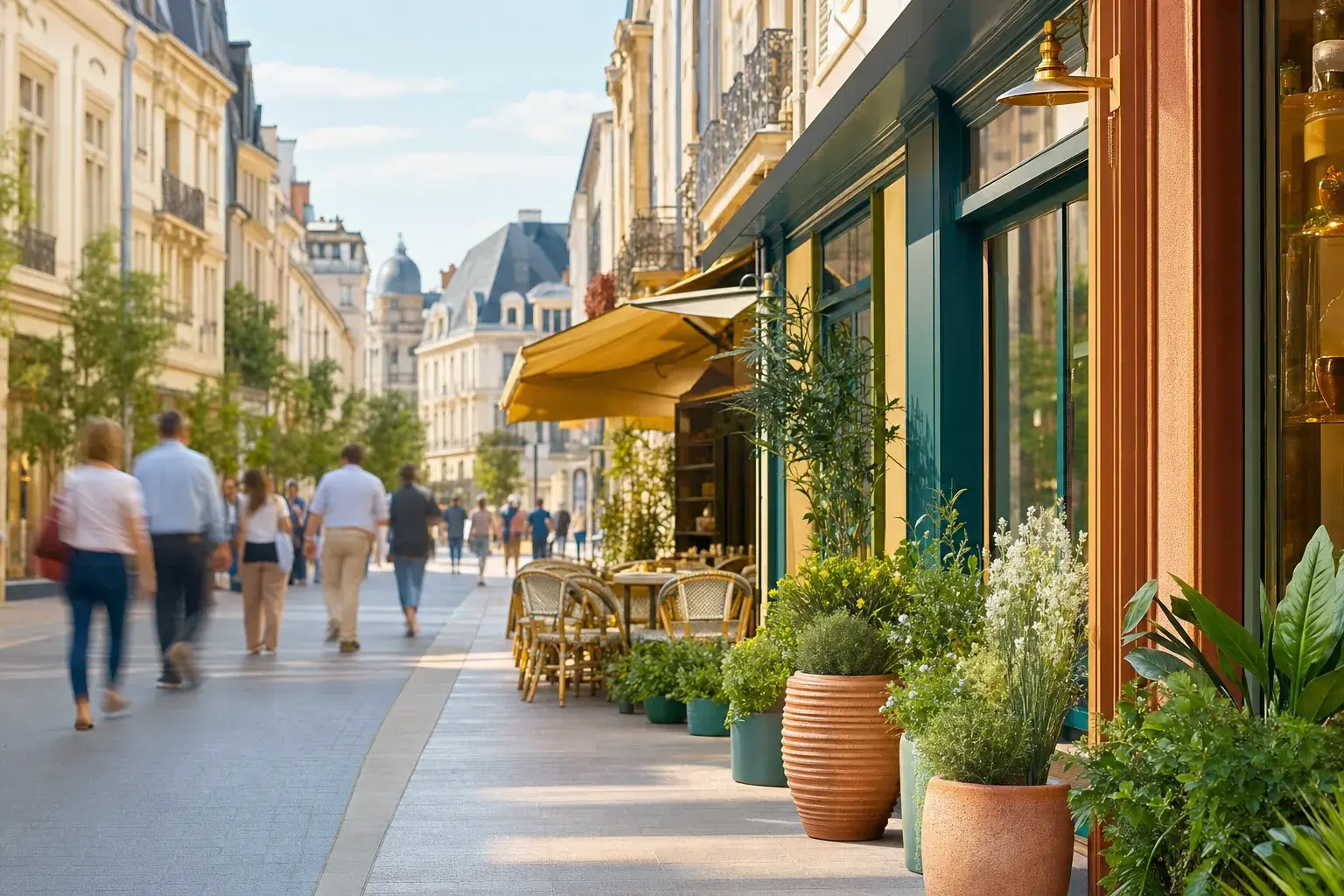 Une rue commerçante animée d'une ville de la Sarthe